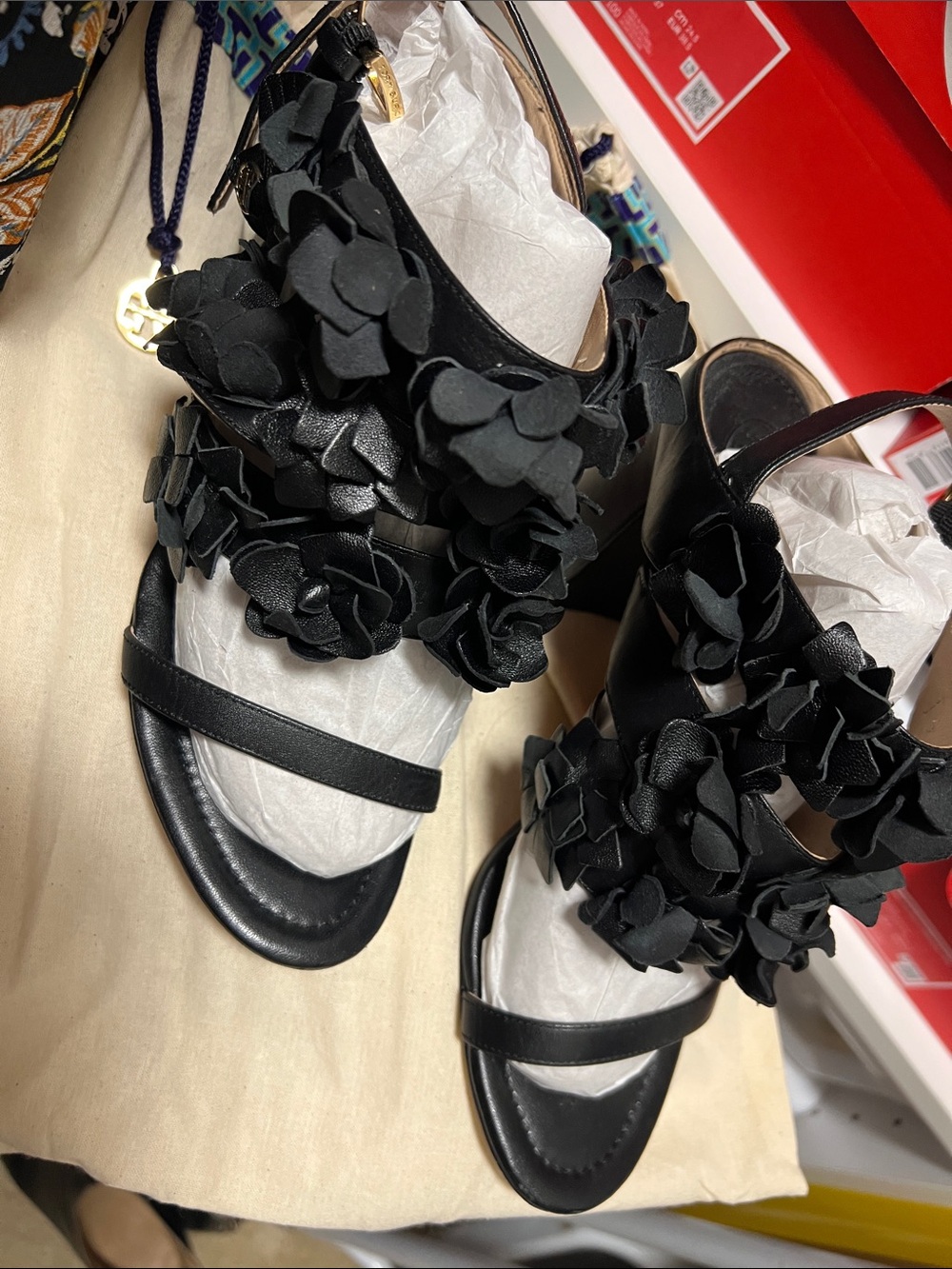 Tory Burch Black Floral Applique Strappy Sandals